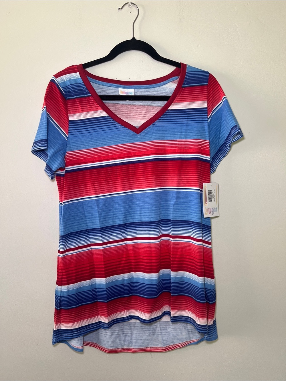 LuLaRoe Christy T Red and Blue Striped V-Neck Short Sleeve Top